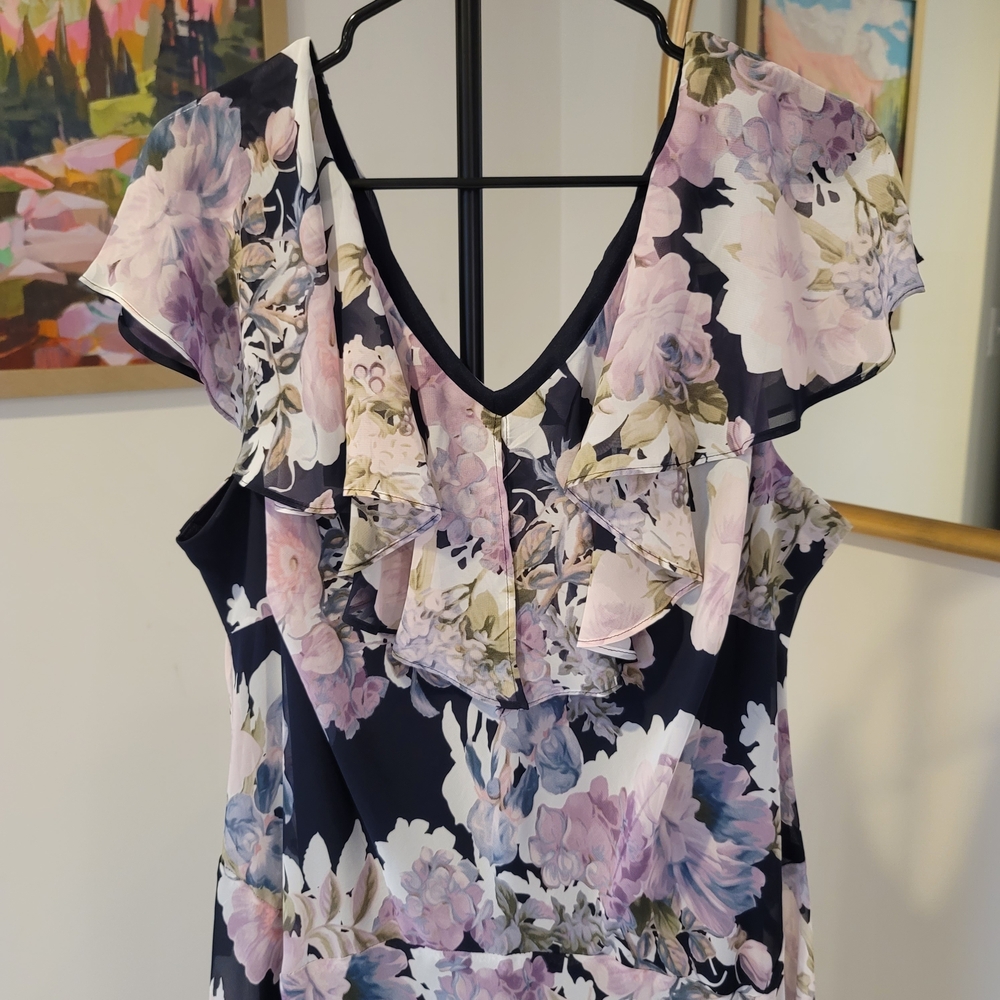 NWT CONNECTED APPAREL Flutter Sleeve Chiffon Midi Dress Black Pink Size 16W - Picture 3 of 9